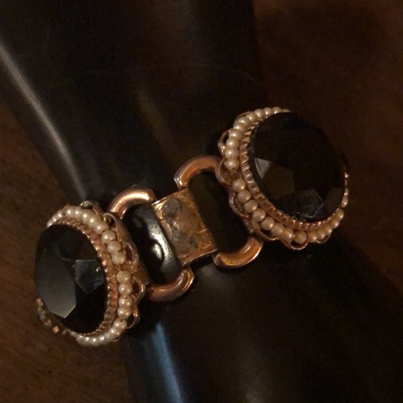 Vintage Jet Black Art Glass Rhinestone and Faux Pearl Bracelet - Picture 3 of 13